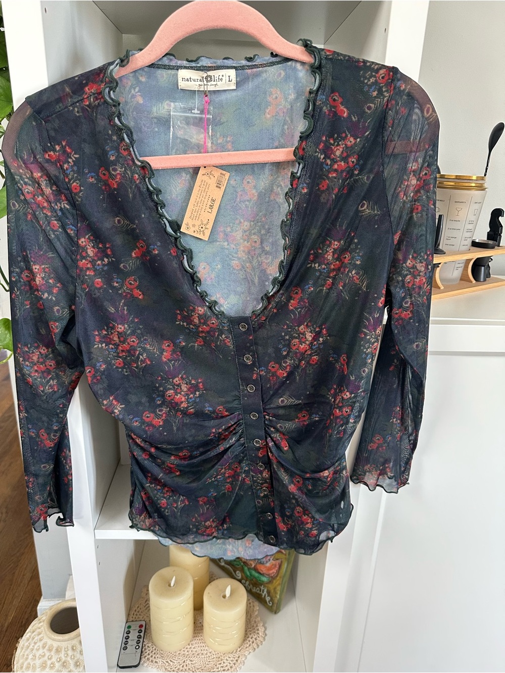 NATURAL LIFE Black Floral Sheer V-Neck Button Front Top